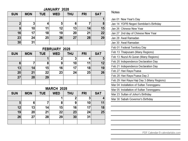 2028 Malaysia Quarterly Calendar with Holidays