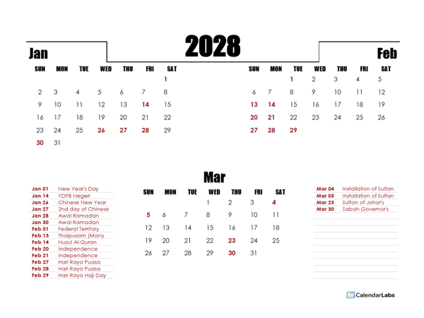 2028 Malaysia Quarterly Planner Template