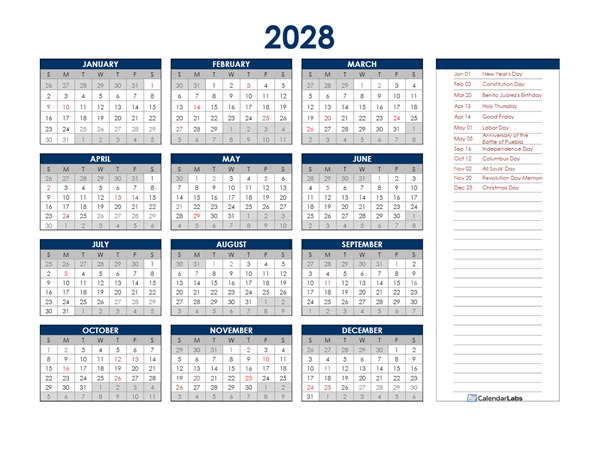 2028 Mexico Annual Calendar with Holidays
