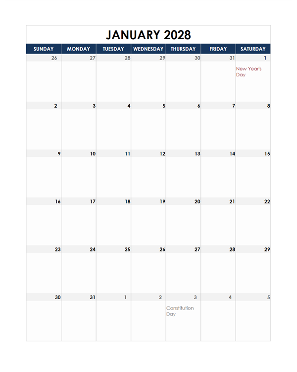 2028 Mexico Calendar Spreadsheet Template