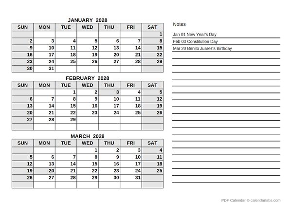 2028 Mexico Quarterly Calendar with Holidays