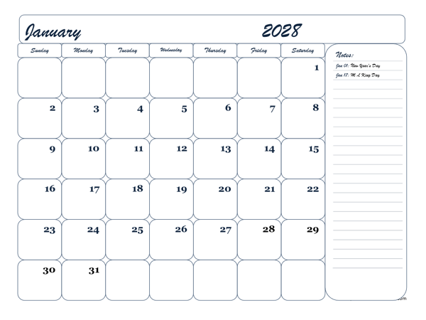 2028 Monthly Blank Calendar Template