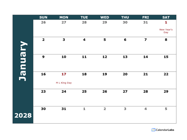 2028 Monthly Calendar Template
