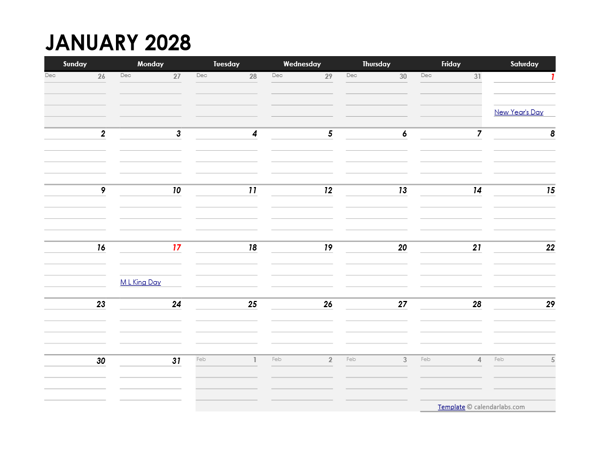 Editable 2028 Monthly Calendar Excel Template