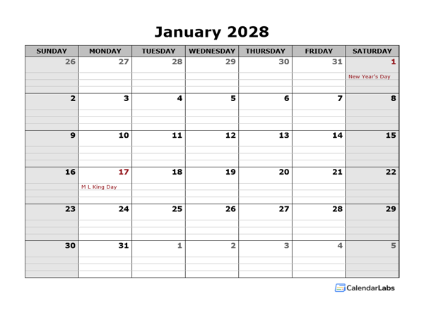 2028 Monthly Calendar With Daily Notes