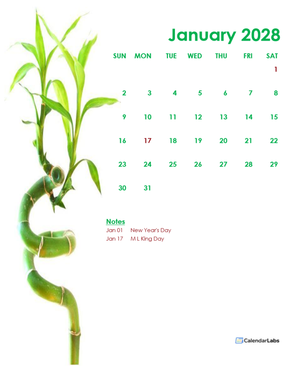 2028 Monthly Calendar Template Green Design