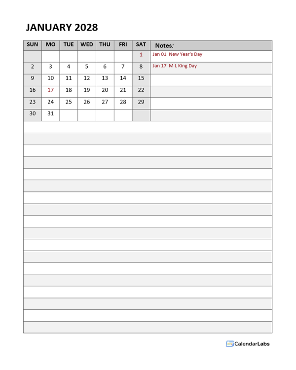 2028 Monthly Calendar Template Portrait