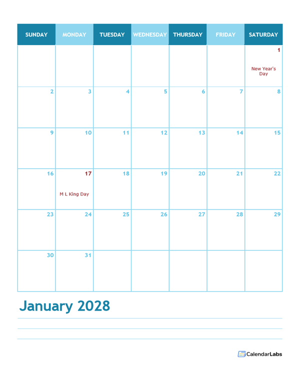 2028 Monthly Word Calendar Template Portrait