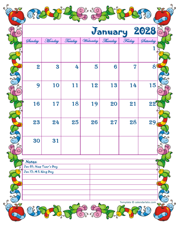 2028 Monthly Kid KIndergarten Calendar Template