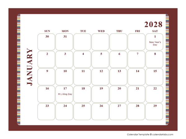 2028 Calendar Template Large Boxes With Notes