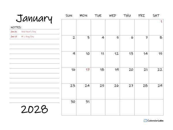 2028 Calendar Template with Monthly Notes