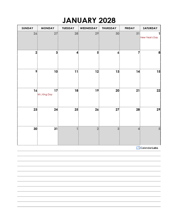 2028 Monthly Excel Template Calendar