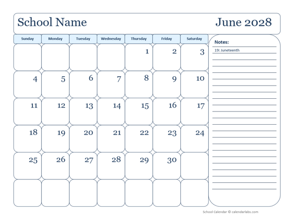 2028 Monthly Free School Jun-Sep Calendar