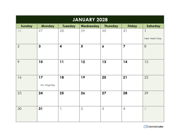 2028 Monthly Google Docs Calendar Template