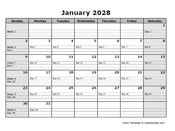 2028 Monthly Julian Calendar Landscape