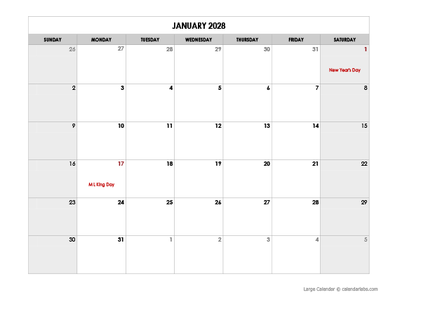 2028 Monthly Large Calendar Holidays