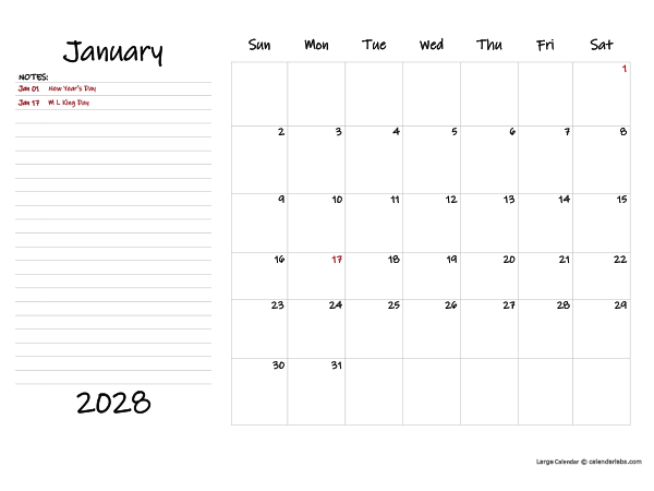 2028 Monthly Large Calendar With Notes