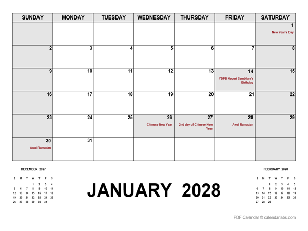 2028 Monthly Planner with Malaysia Holidays