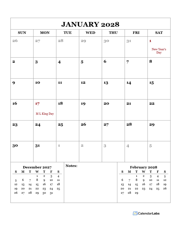 2028 Monthly Planner With US Holidays