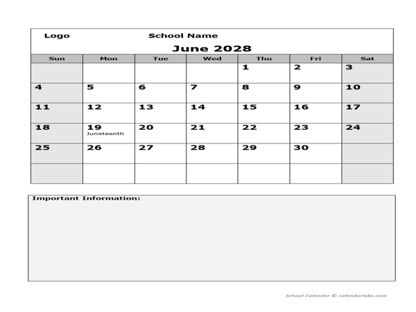 2028 Monthly School Jun-Sep Calendar