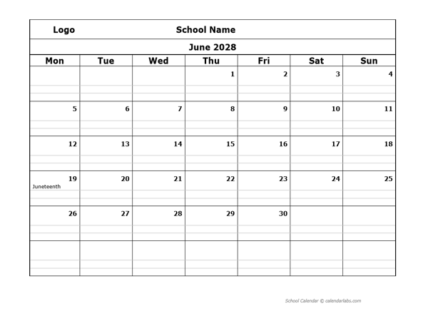 2028 Monthly School Mon Jun-Sep Calendar