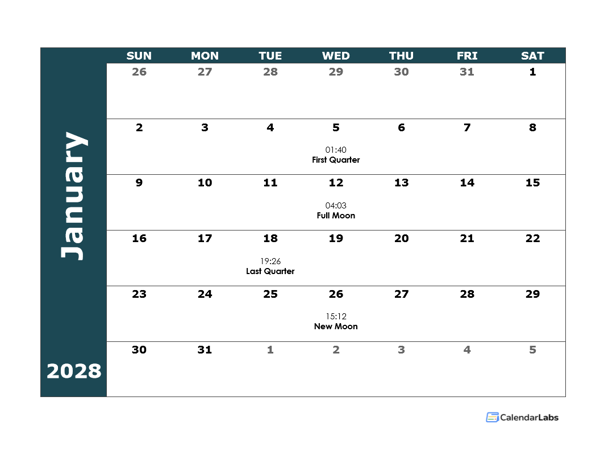 2028 Moon Cycle Calendar Template