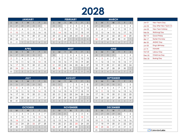 2028 New Zealand Annual Calendar with Holidays