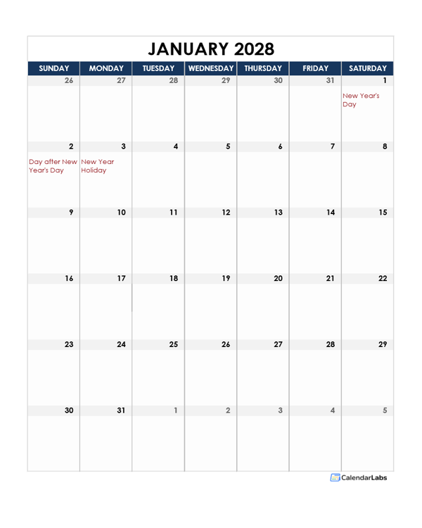 2028 New Zealand Calendar Spreadsheet Template