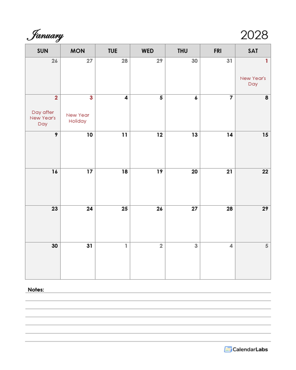 2028 New Zealand Calendar Template Large Boxes