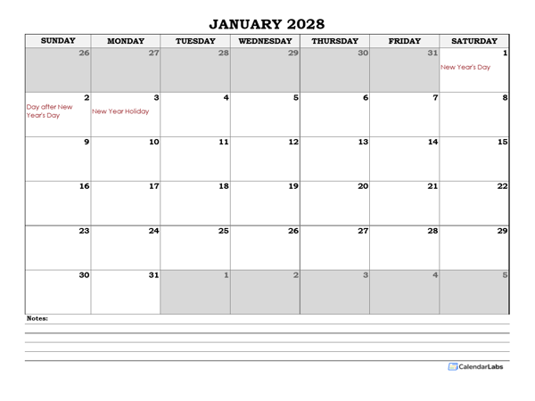 2028 New Zealand Monthly Calendar with Notes