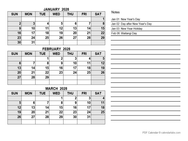 2028 New Zealand Quarterly Calendar with Holidays