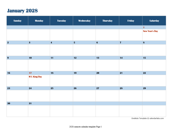 2028 OneNote Calendar Template