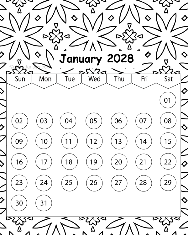2028 Pattern Coloring Calendar Printable