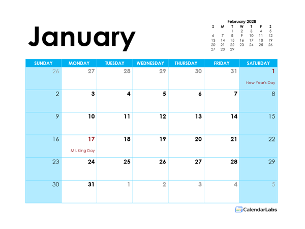 2028 PDF Calendar Blank Month