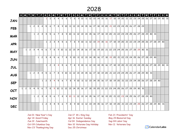 2028 PDF Calendar With Federal Holidays