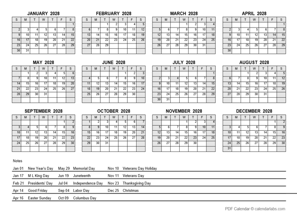 2028 PDF Yearly Calendar With Holidays