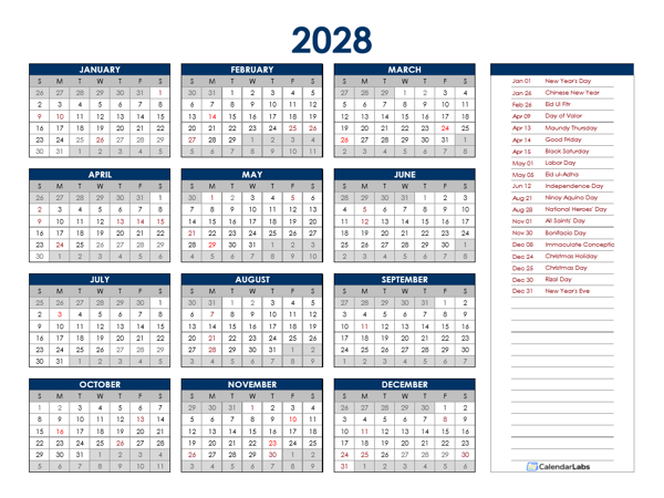 2028 Philippines Annual Calendar with Holidays