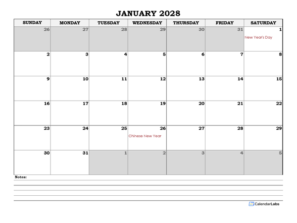 2028 Philippines Monthly Calendar with Notes
