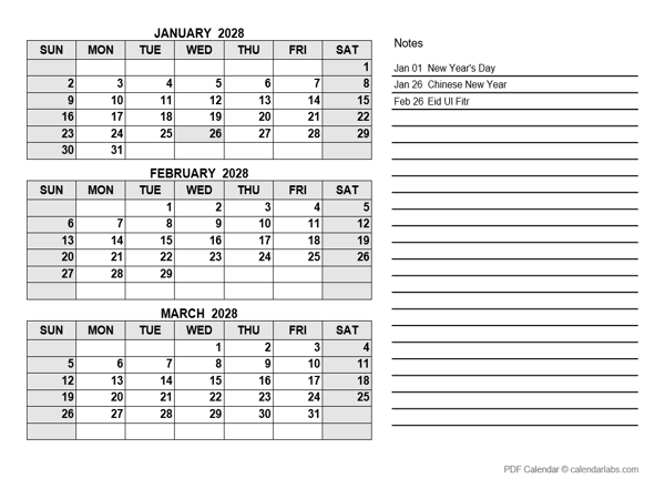 2028 Philippines Quarterly Calendar with Holidays
