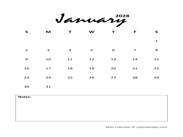 2028 Portrait Mini Calendar Printable