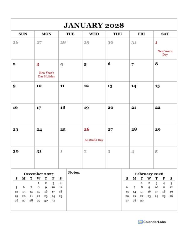 2028 Printable Calendar with Australia Holidays