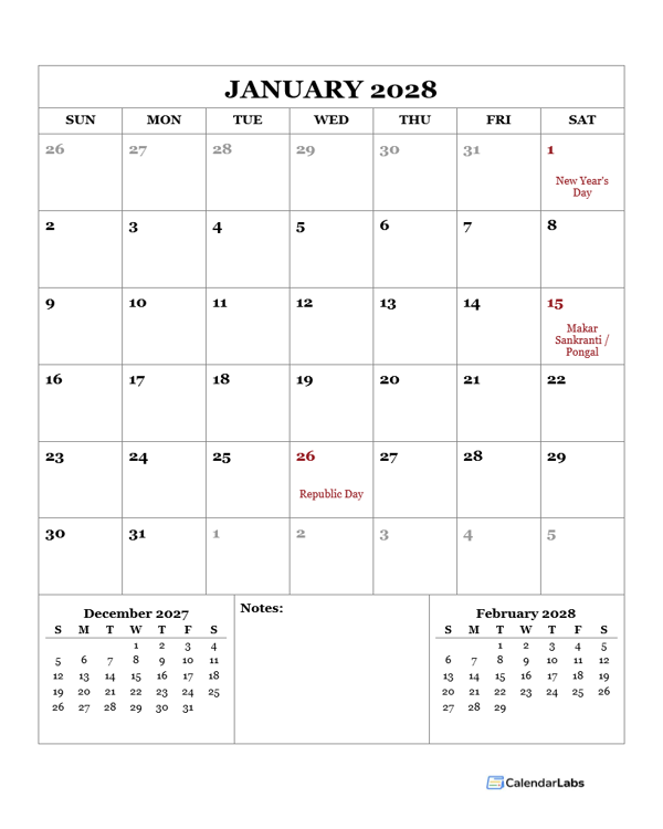 2028 Printable Calendar with India Holidays