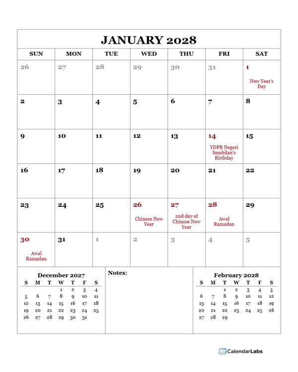 2028 Printable Calendar with Malaysia Holidays