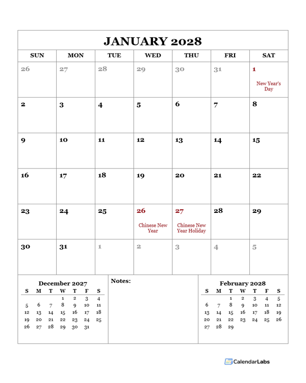 2028 Printable Calendar with Singapore Holidays