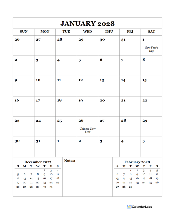 2028 Printable Calendar with Thailand Holidays