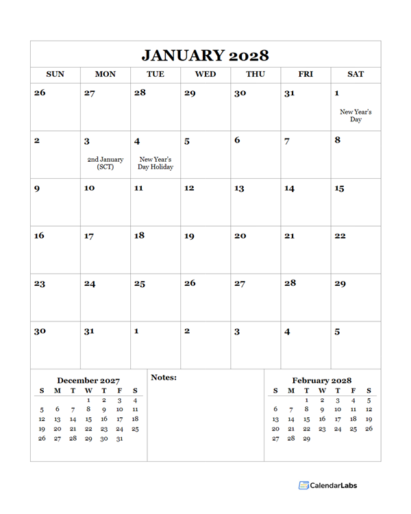 2028 Printable Calendar with UK Holidays