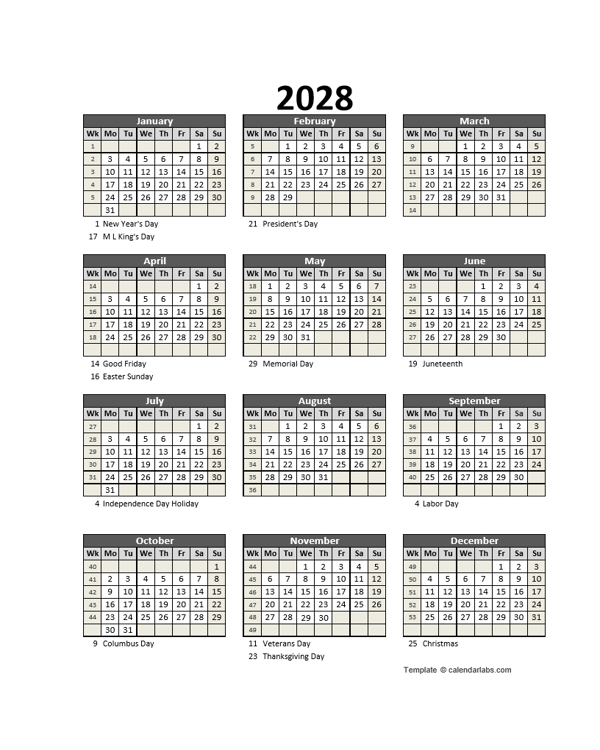 2028 Printable Calendar With Holidays