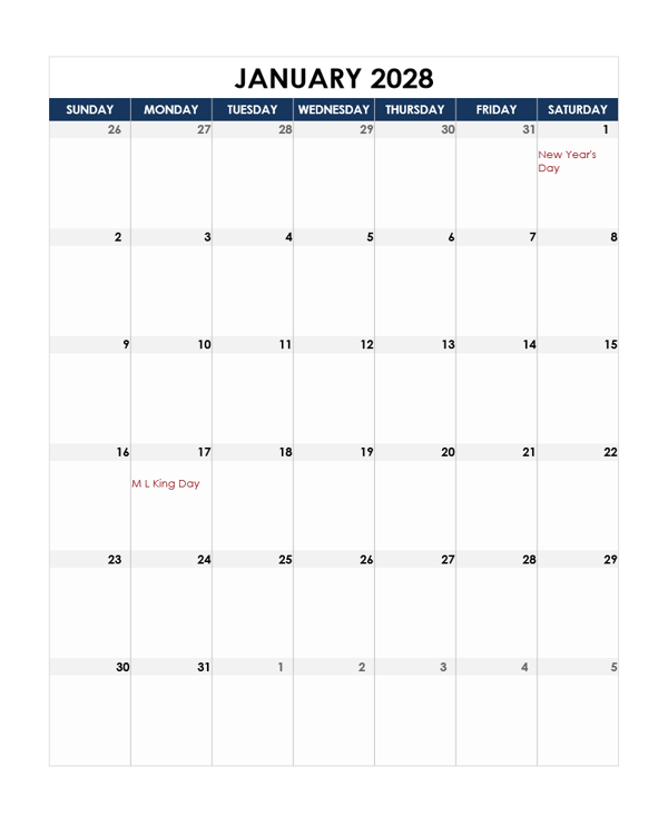 2028 Printable Calendar With large Boxes