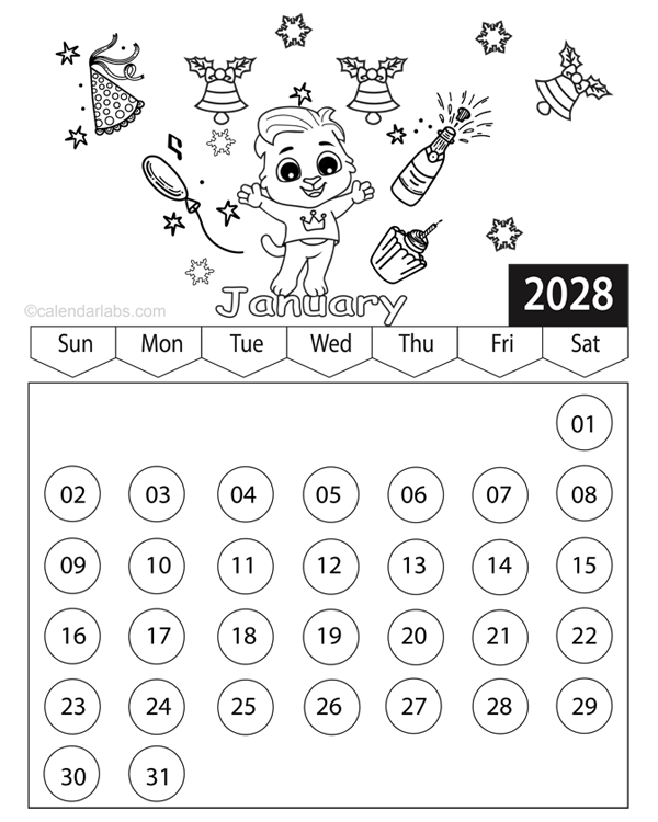 2028 Printable Coloring Calendar Pages