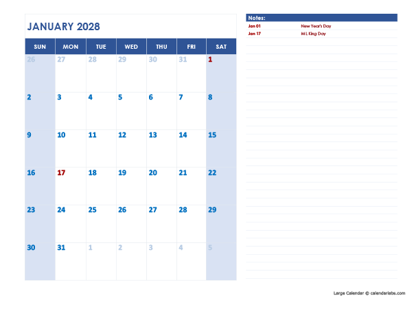 2028 Printable Large Calendar